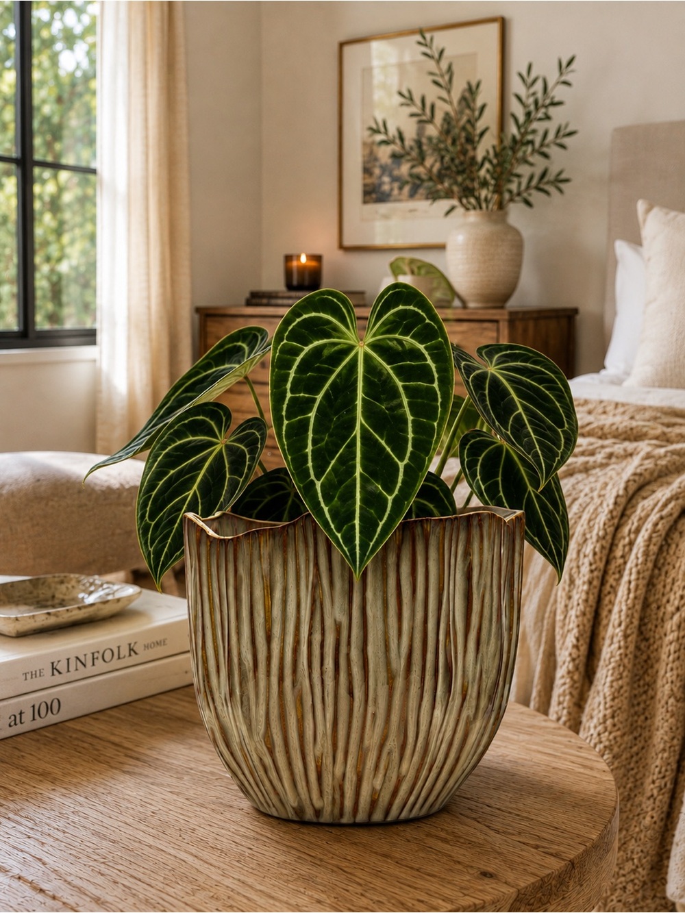 Ceramic Fluted Planter with Drainage Hole, 7 Inch Scalloped Plant Pot